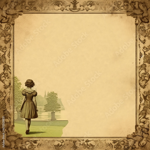 Digital scrapbooking paper with generous text space: Florentine Renaissance-style depiction of a girl strolling through the park, perfect for crafting and creative projects. Vintage outdoor scene with