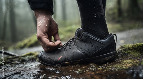 close-up of some boots. running in the rain, mountaineering. trekking. love for outdoor sports. waterproof boots.