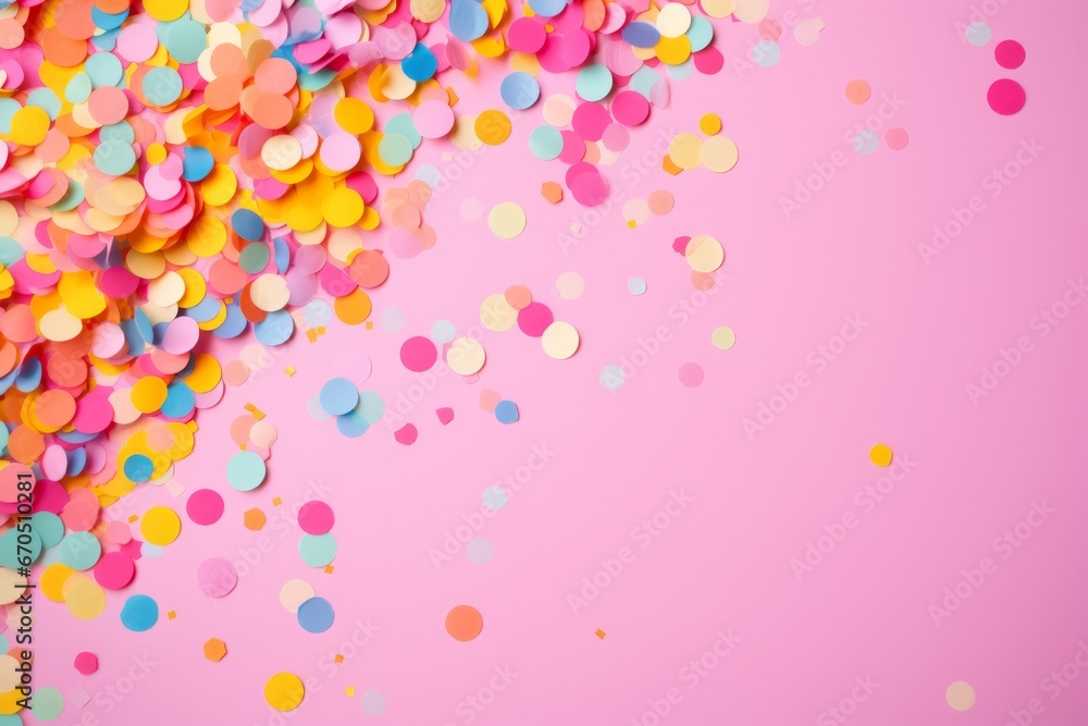 Bright multicolored confetti on a pink background