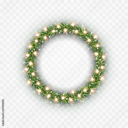 Christmas tree round border with green fir branches, snow and gold lights isolated on transparent background. Pine, xmas evergreen plants frame or circle banner. Vector ring string garland decoration
