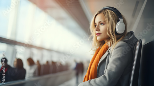 Travel vacation concept, young beautiful woman with sad face wear headphone sit at waiting area in the airport terminal and listen to music.