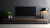 Minimal cabinet for tv interior dark brown wall mockup.