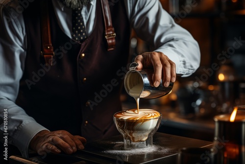 Barista expertly pouring steamed milk into an espresso, Generative AI