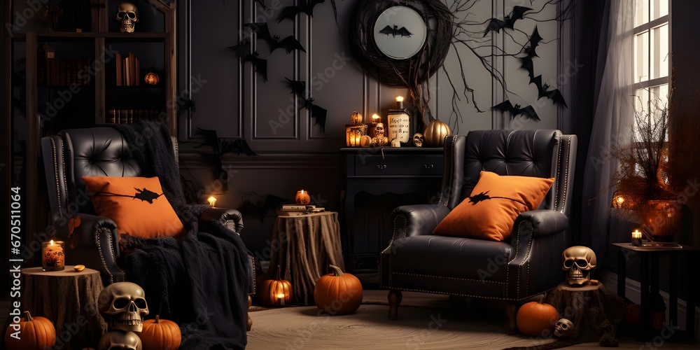  A room decorated for Halloween with candles and pumpkins with scary faces, Creative Halloween decorations adding style to the room interior 