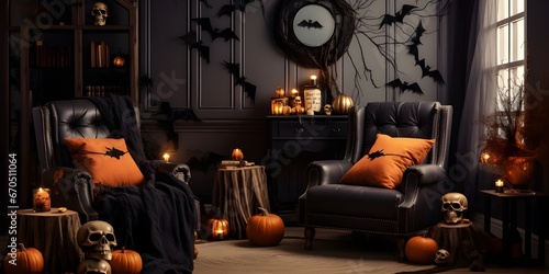  A room decorated for Halloween with candles and pumpkins with scary faces, Creative Halloween decorations adding style to the room interior 