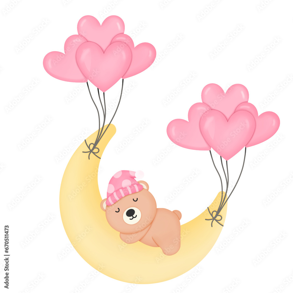 Cute teddy bear and heart balloon on the moon valentine's day concept Cute teddy bear and heart balloon on the moon valentine's day concept
