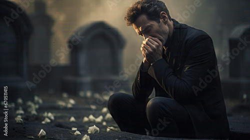 Christian man crying next to a grave with a headstone for a deceased relative in the family photo