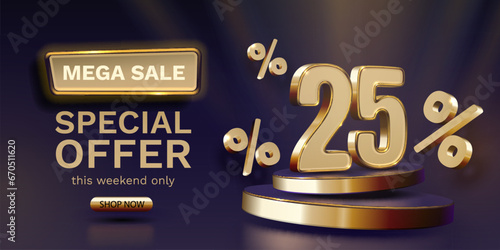 Mega sale, 25 special offer banner. Golden sign board promotion. Vector illustration