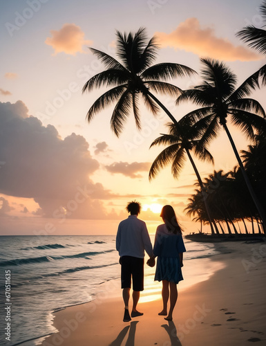 "An image of a serene beach at sunset with palm trees swaying in the breeze and a couple walking hand in hand along the shoreline." © Mehreen