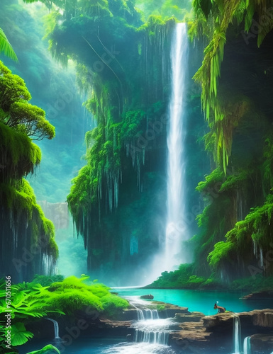 "Verdant Serenity: Cascading Waterfall"
Lush greenery surrounds a majestic waterfall, creating a serene and harmonious landscape where nature's beauty comes alive.