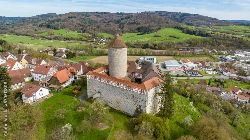 Aerial view of Reichenberg Castle, Oppenweiler, Swabian Franconian Forest Nature Park, Baden-Württemberg, Germany