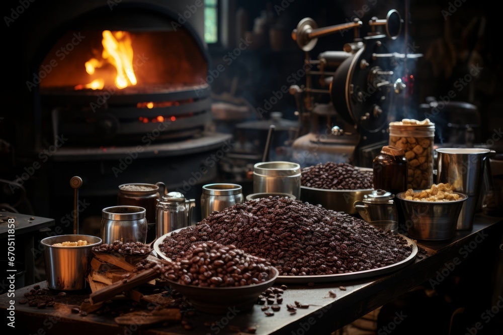 Obraz premium Coffee shop's coffee roasting process in the background, Generative AI 
