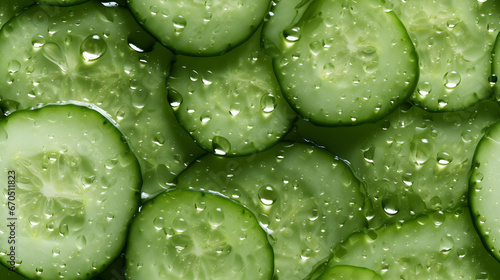 Seamless pattern of fresh cucumber slices with water drops