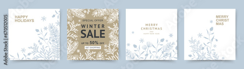 Winter holidays square templates with hand drawn Сhristmas tree branches and snowflakes in pastel neutral colors. Winter sale on social networks. Vector for greeting card, cover, banner, social media 