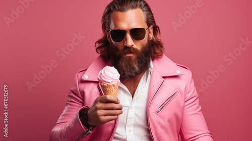 Long haired man with a beard holding an ice cream cone on a pink background photo