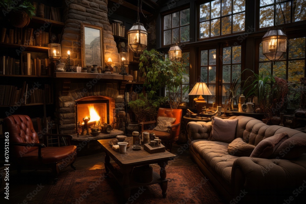 Coffee shop's cozy fireplace corner with comfy sofas, Generative AI 