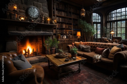 Coffee shop's cozy fireplace corner with comfy sofas, Generative AI 