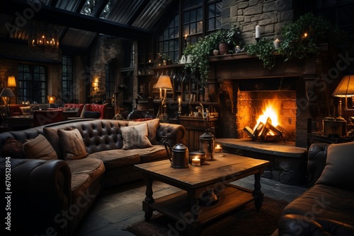Coffee shop's cozy fireplace corner with comfy sofas, Generative AI  © Shooting Star Std
