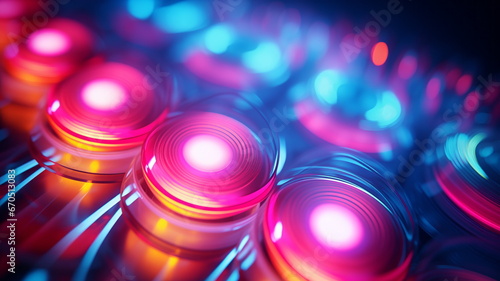 Neon glowing button on a black background, futuristic design, digital sound, audio equipment. Blurry light movement