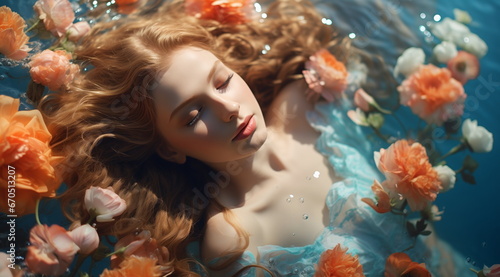 Portrait of a romantic woman underwater with flowers, blue water, orange yellow flowers