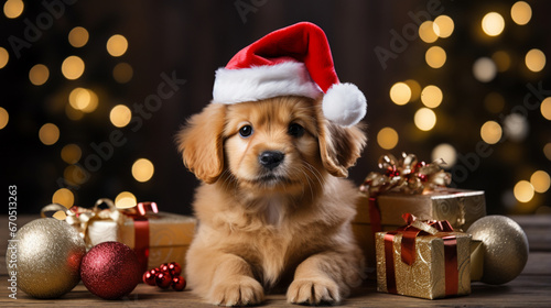 Christmas banner with cute dog in santa claus hat on festive background. New year postcard. Generative AI