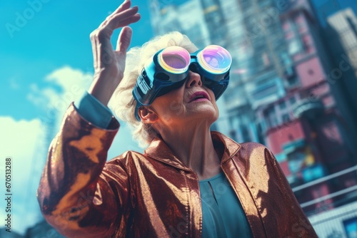 Elderly woman wearing virtual reality glasses. Blue futuristic background.