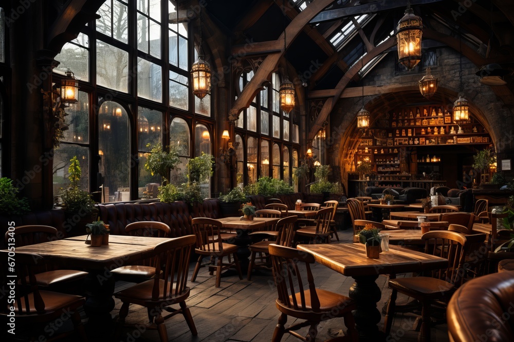 Coffee shop's rustic wooden interior with warm lighting, Generative AI
