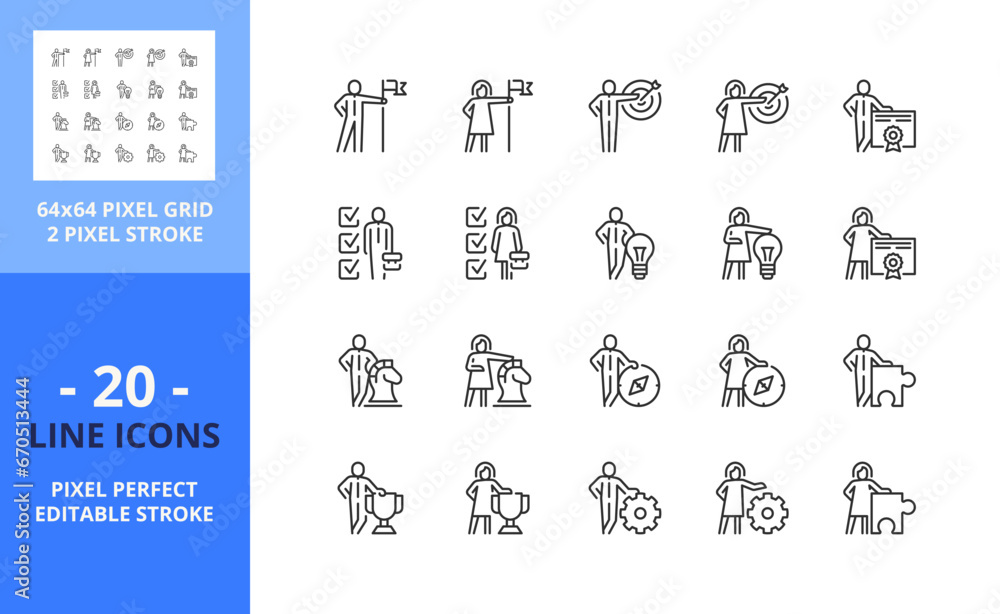 Line icons about businessman and businesswoman. Pixel perfect 64x64 and editable stroke Line icons about businessman and businesswoman. Pixel perfect 64x64 and editable stroke