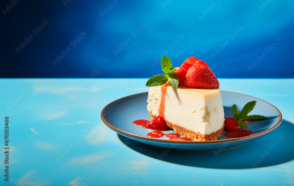 New York-Style Cheesecake Topped with Fresh Strawberries, Set on a Blue Background with Ample Copy Space - A Delightful Dessert Masterpiece New York-Style Cheesecake Topped with Fresh Strawberries, Set on a Blue Background with Ample Copy Space - A Delightful Dessert Masterpiece
