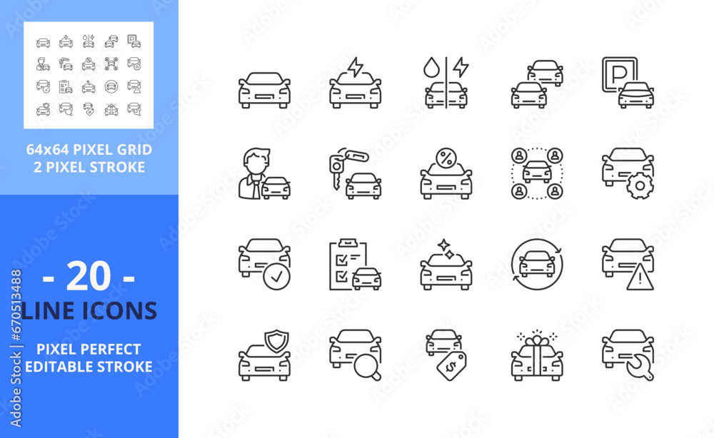 Line icons about car dealership. Pixel perfect 64x64 and editable stroke