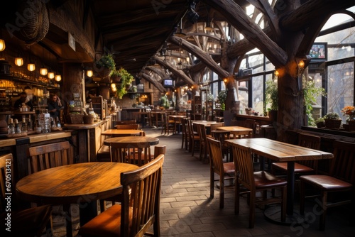Coffee shop's rustic wooden interior with warm lighting, Generative AI © Shooting Star Std