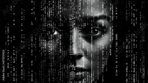 Human face covered by a veil made of binary code