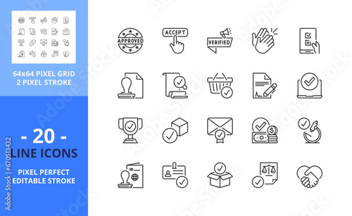 Line icons about approval. Pixel perfect 64x64 and editable stroke