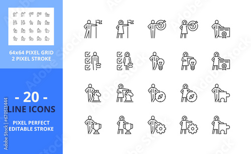 Line icons about businessman and businesswoman. Pixel perfect 64x64 and editable stroke