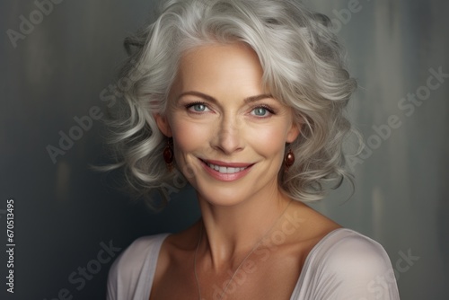 Smiling older woman posing beautiful face, wavy curly hair. Beauty portrait happy old woman middle-aged