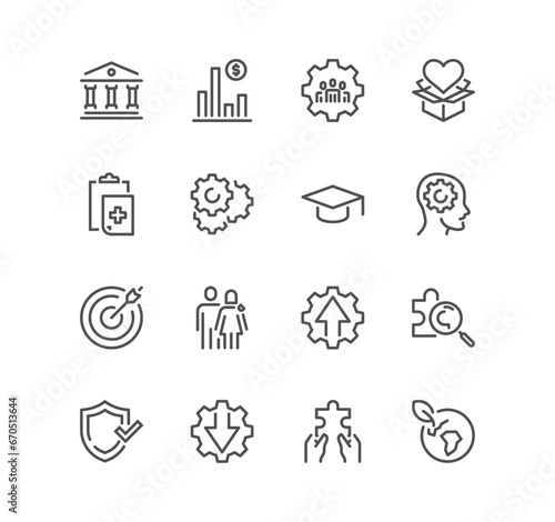 Set of social policy related icons, life insurance, government, society legislation, social services, health care, welfare, reform, education and linear variety vectors.