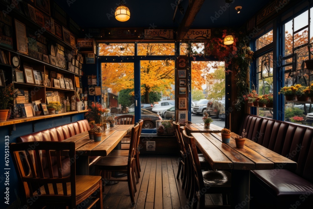 Coffee shop's wall adorned with local art and photography, Generative AI Coffee shop's wall adorned with local art and photography, Generative AI