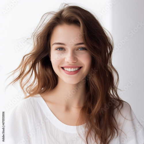 portrait of a happy and smiling young woman, brown hair, light eyes, young and hydrated skin, Eastern European origin. Dress a light white blouse, optical white background