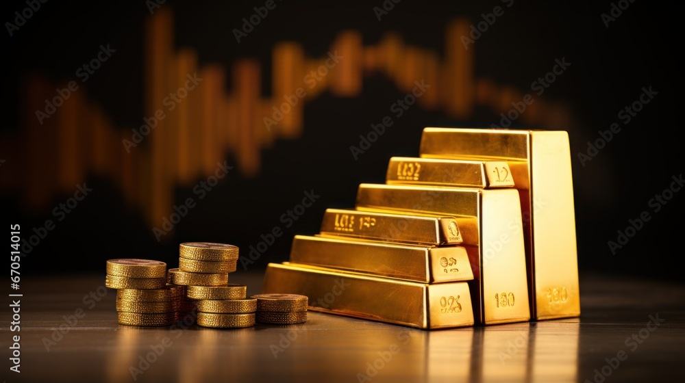 Gold bar resting investment on a stocks graph representing Gold bar resting investment on a stocks graph representing