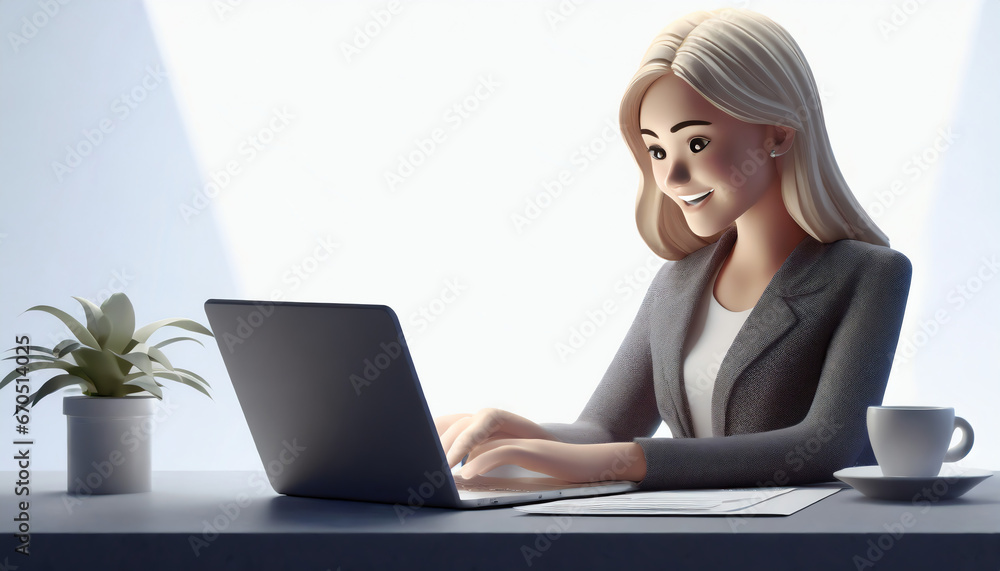 3d render character of a woman hands typing keyboard on laptop computer, plant, coffee, papers, phone, Isolated on white background 3d render character of a woman hands typing keyboard on laptop computer, plant, coffee, papers, phone, Isolated on white background