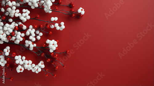 Christmas banner with mistletoe on red background. Generative AI