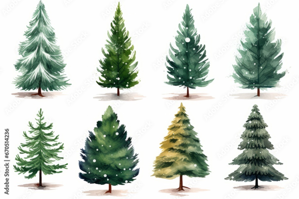 Set of watercolor Christmas tree elements, Generative AI Set of watercolor Christmas tree elements, Generative AI