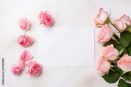Blank white card stock on table with white and pink roses next to it  overhead view