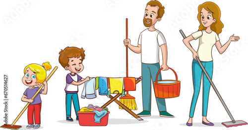 Happy family doing housework. Vector cartoon illustration of parents and children doing household chores.