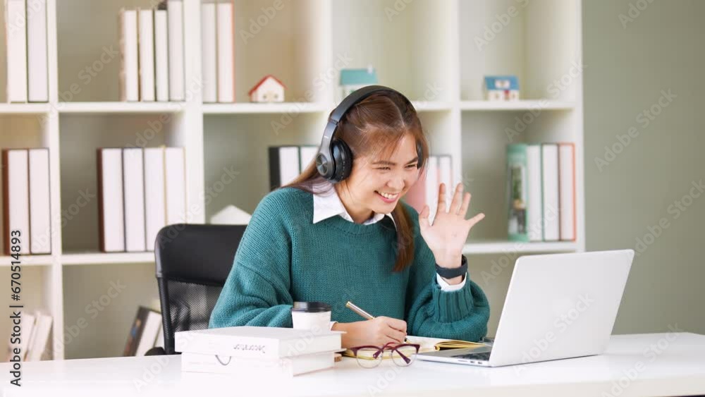 woman resting on wear wireless headphones using laptop talk to family or friend on videoconferencing application, pleasant personal remote conversation woman resting on wear wireless headphones using laptop talk to family or friend on videoconferencing application, pleasant personal remote conversation