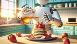 In a futuristic kitchen, a robot carefully pours sweet syrup over a delectable meal of miniature pancakes adorned with fresh fruit, creating a wild and whimsical dessert experience on the table