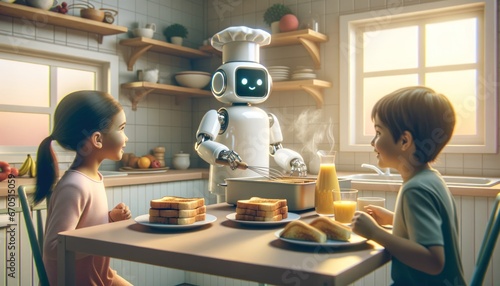 A futuristic kitchen comes to life as a friendly robot serves a delicious meal to a diverse family, surrounded by vibrant furniture and tableware, with a window overlooking a bustling cityscape photo
