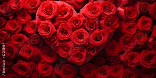 Beautiful red roses in shape of a heart valentine background created with generative AI photo