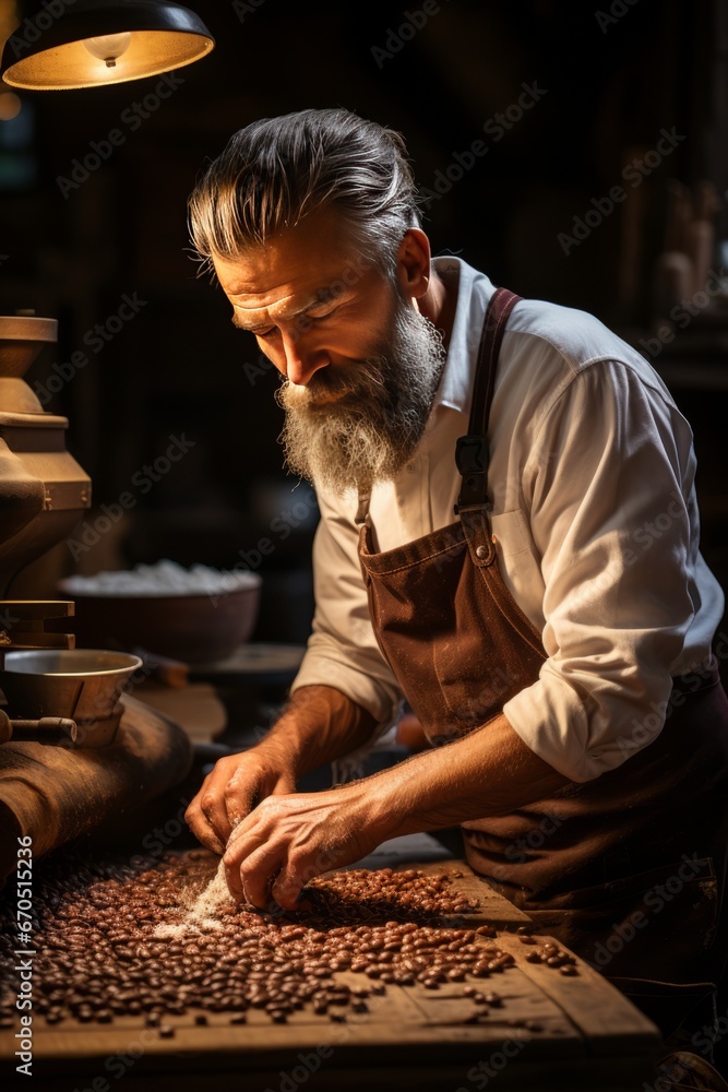 Coffee shop's barista expertly grinding coffee beans, Generative AI Coffee shop's barista expertly grinding coffee beans, Generative AI