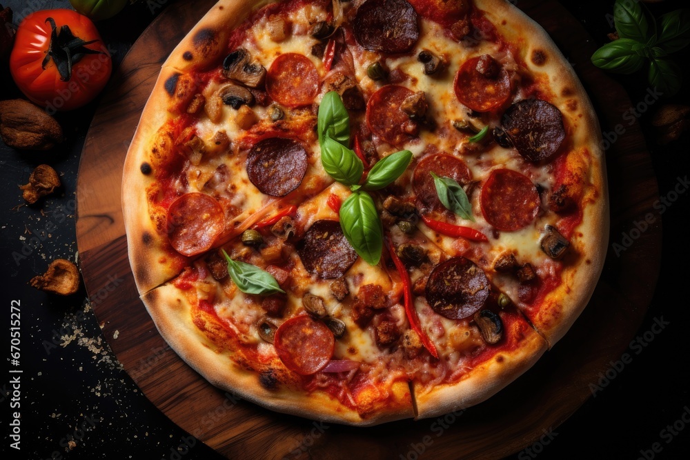 Pizza with pepperoni and mushrooms decorated with basil and tomato on wooden board